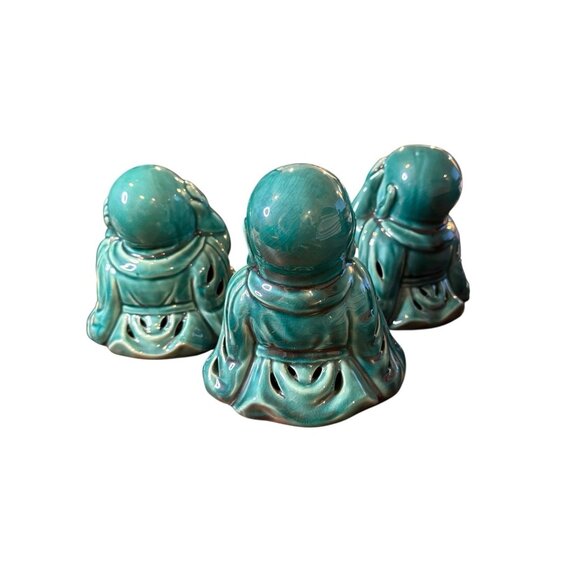 Laughing 5.5” Buddhas Set of 3 Green Hear No Evil, See No Evil and Speak No Evil - Picture 2 of 5